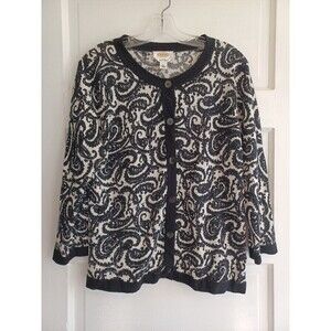 Talbots merino wool black ivory paisley cardigan sweater M classic timeless